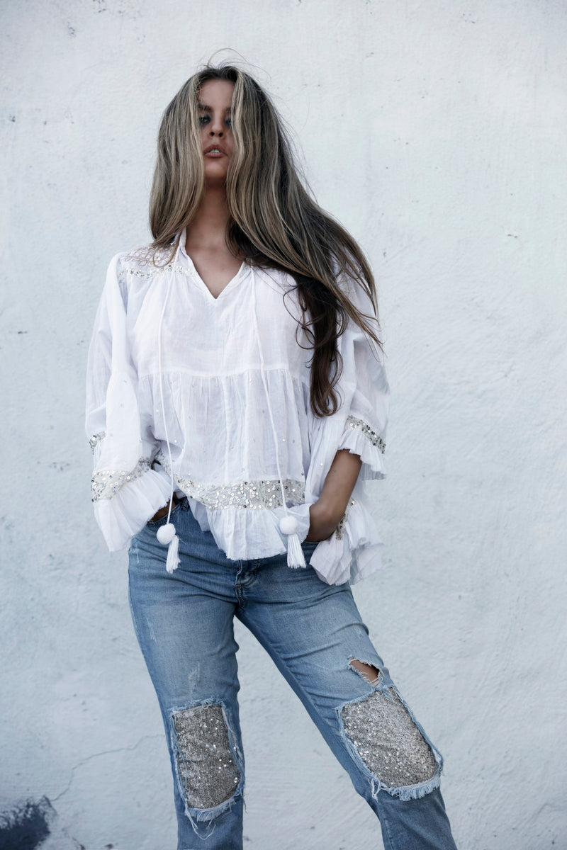 TAJ MAHAL WHITE BLOUSE, flot unik designer bluse, til kvinder